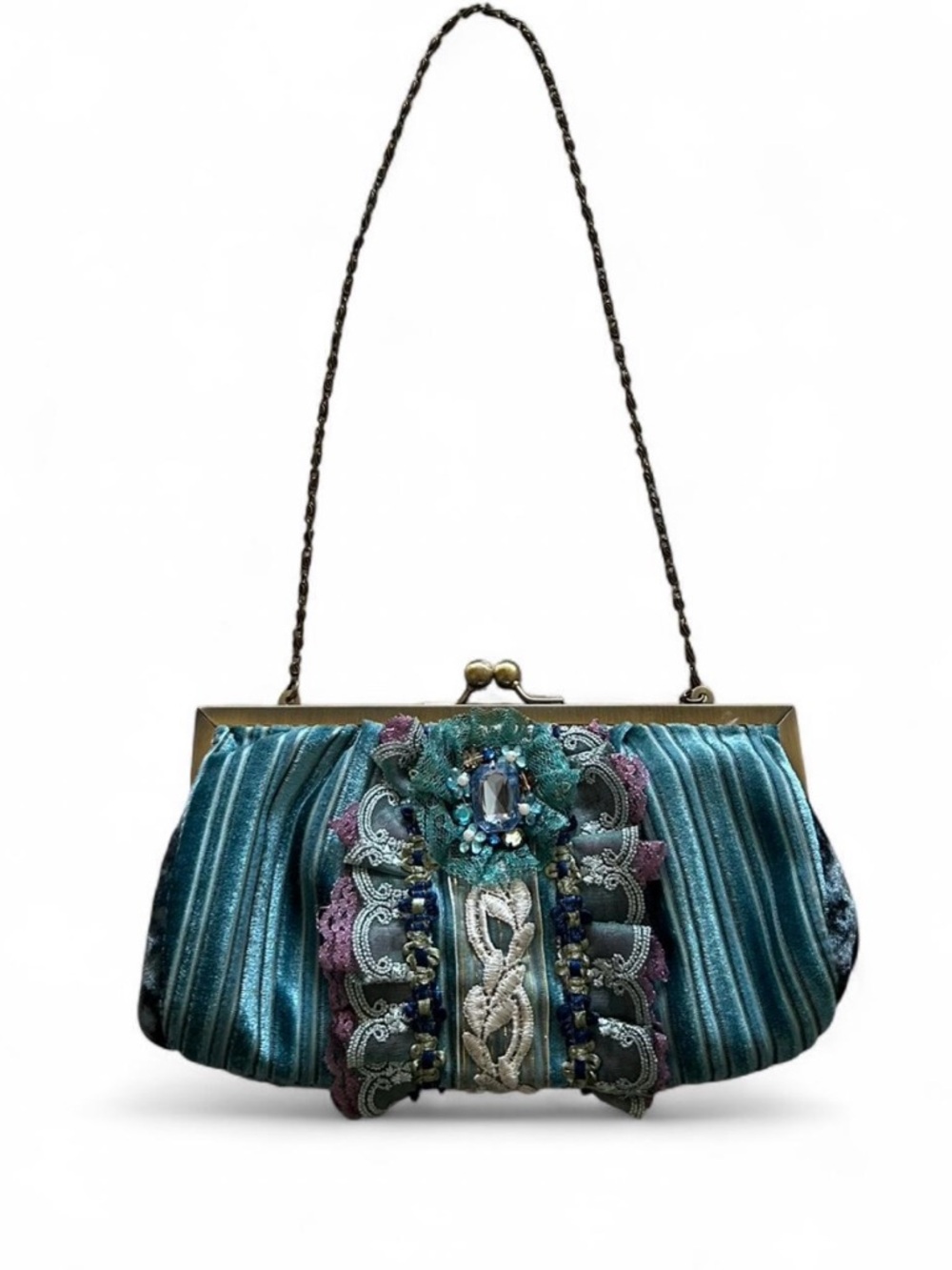 Embellished Teal Evening Clutch with Chain Strap